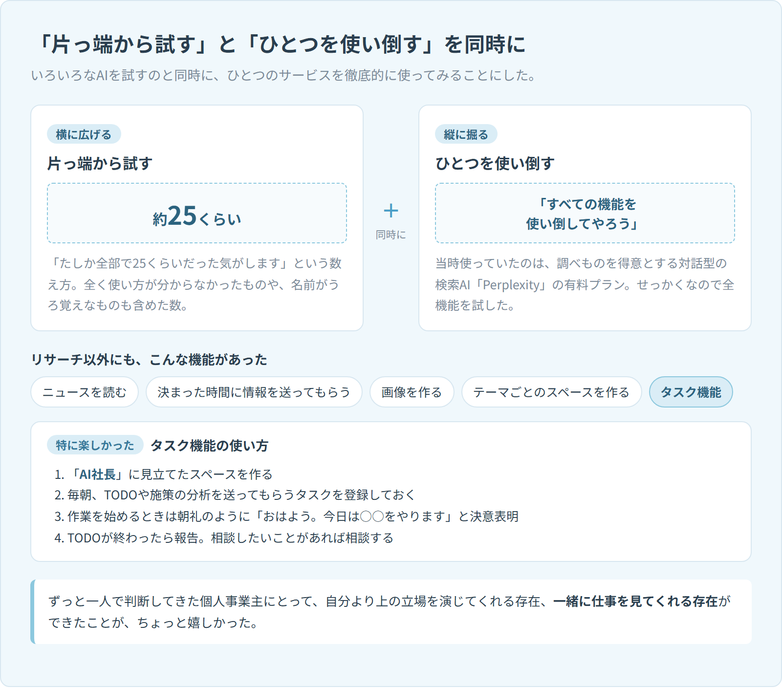 「片っ端から試す(約25くらい)」と「ひとつを使い倒す」を左右に並べて比べた図。使い倒す側にはニュースを読む・決まった時間に情報を送ってもらう・画像を作る・テーマごとのスペースを作る・タスク機能が並び、タスク機能の使い方として「AI社長」に見立てたスペースを作る、毎朝TODOや施策の分析を送ってもらう、朝礼のように決意表明する、終わったら報告する、の4つを示している