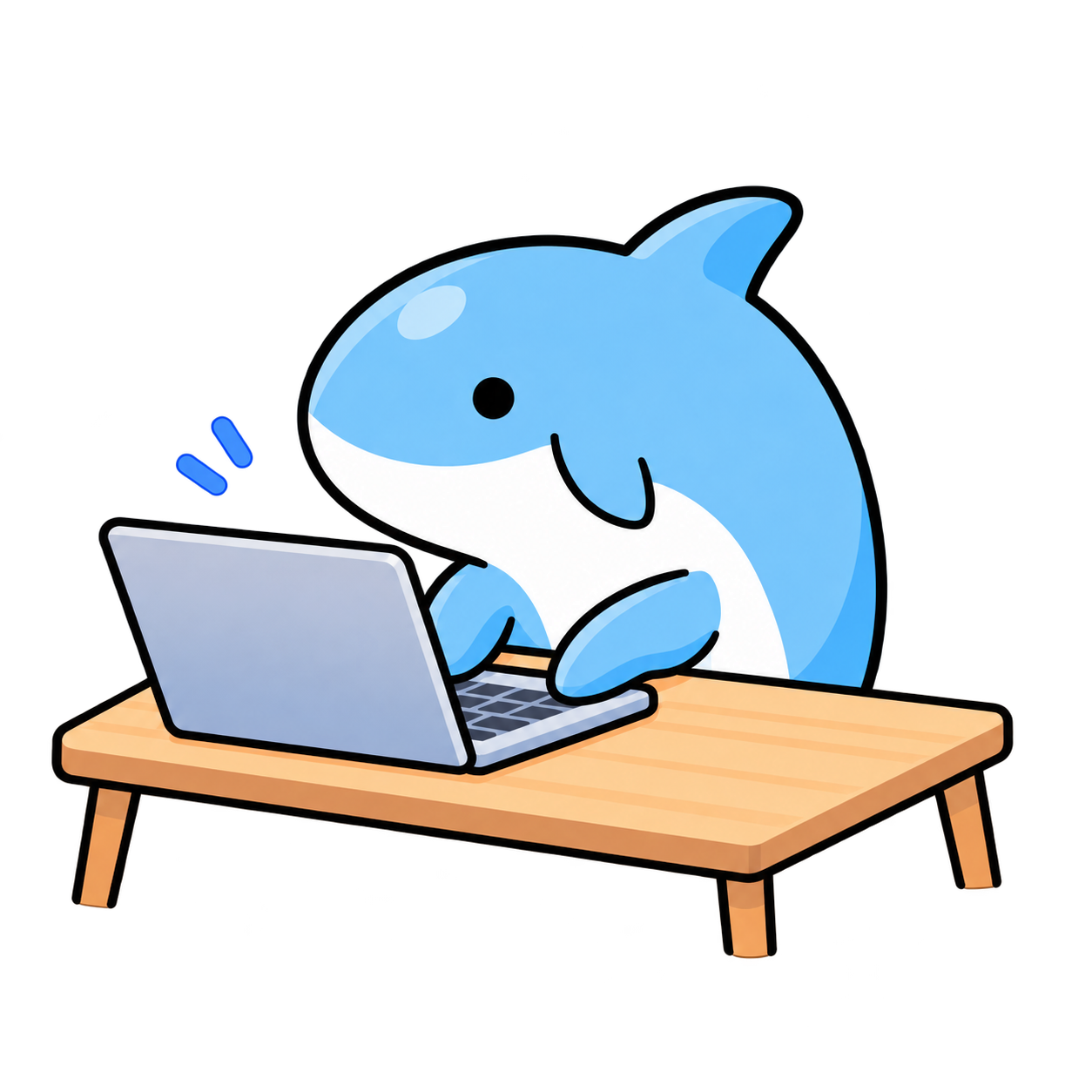 ノートパソコンで作業する麗のイルカイラスト