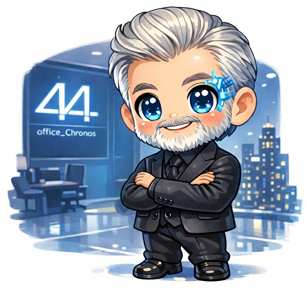 スーツ姿で腕を組む、白髪のチビキャラCEO「クロノス」のイラスト