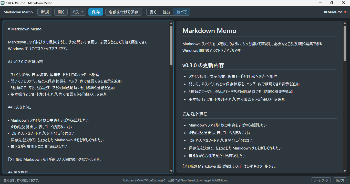 Markdown Memoのダークテーマで読み書き表示している画面