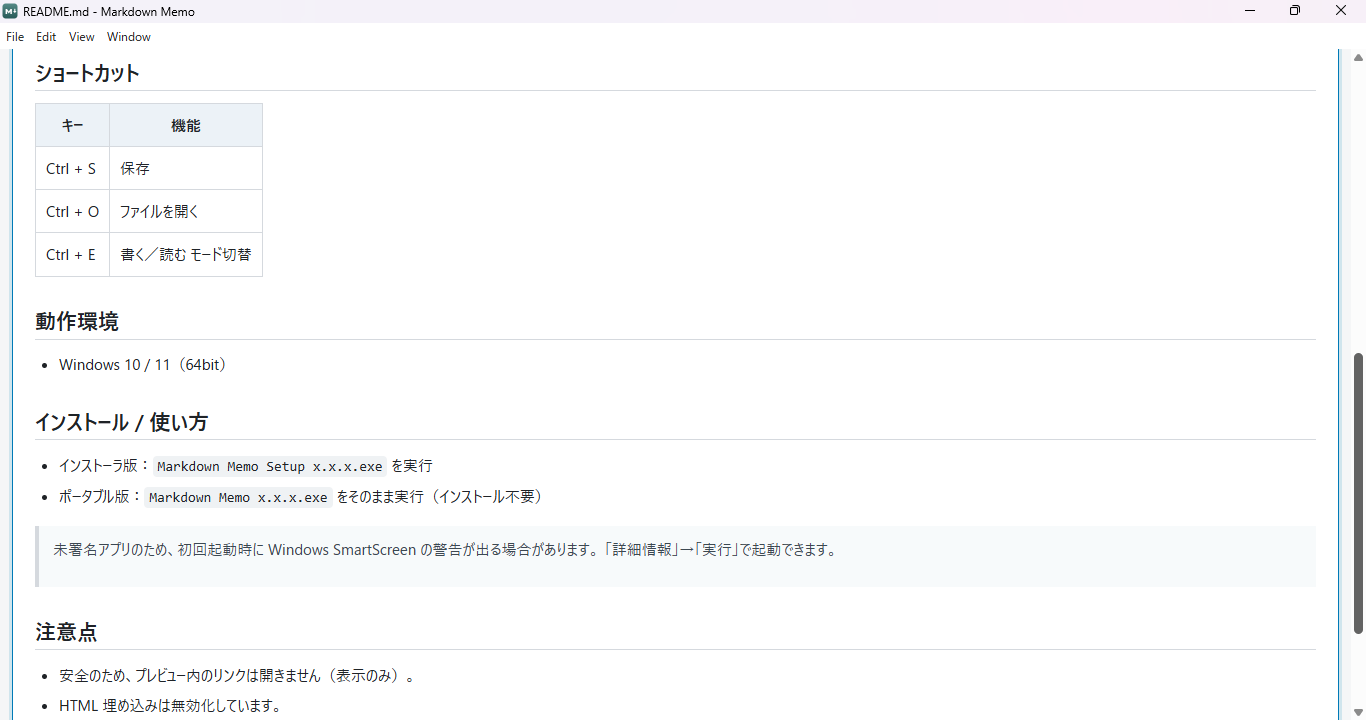 Markdown Memoの読むモード（見出し・表・コードなどを整形表示した画面）